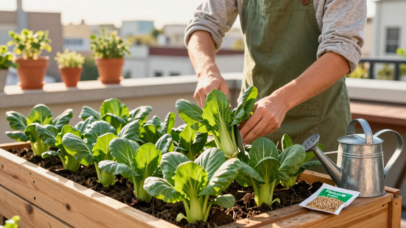 Person tending to green leafy plants growing in a wooden planter box on a rooftop garden.