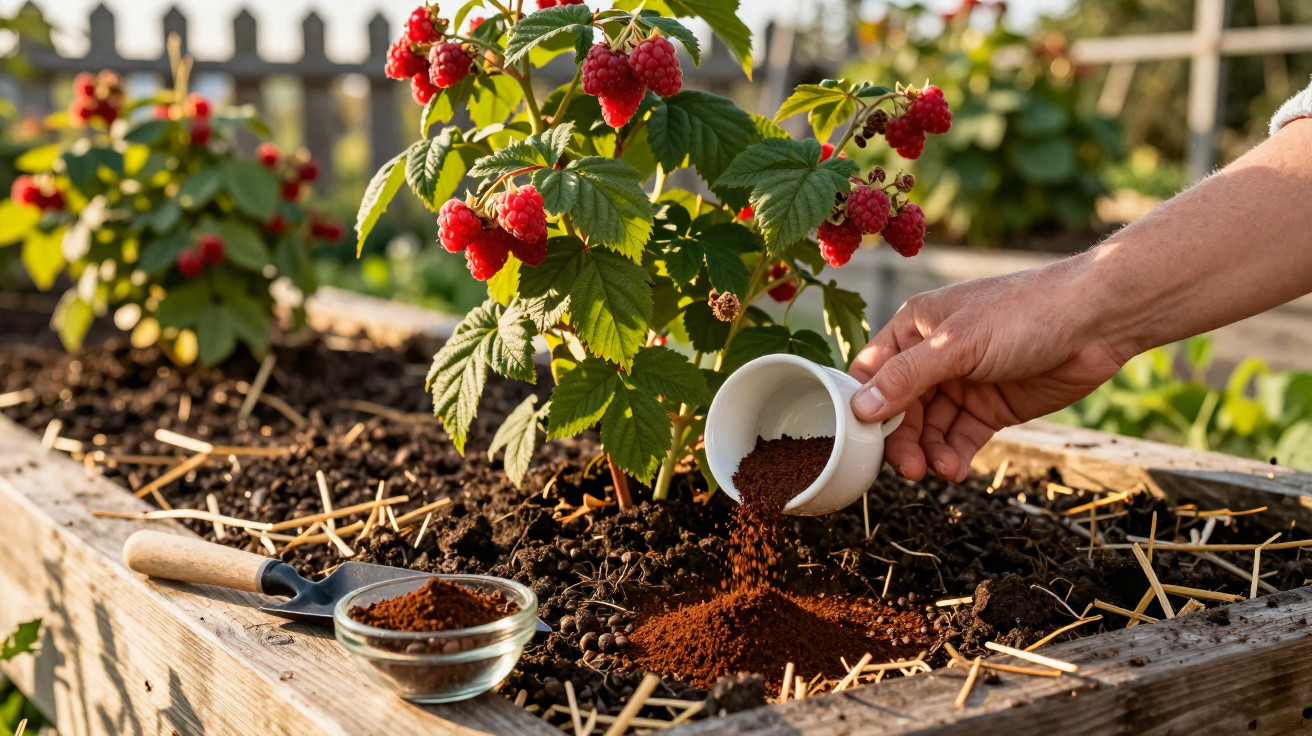 Hand pouring coffee grounds on soil around a raspberry plant in a wooden raised garden bed.