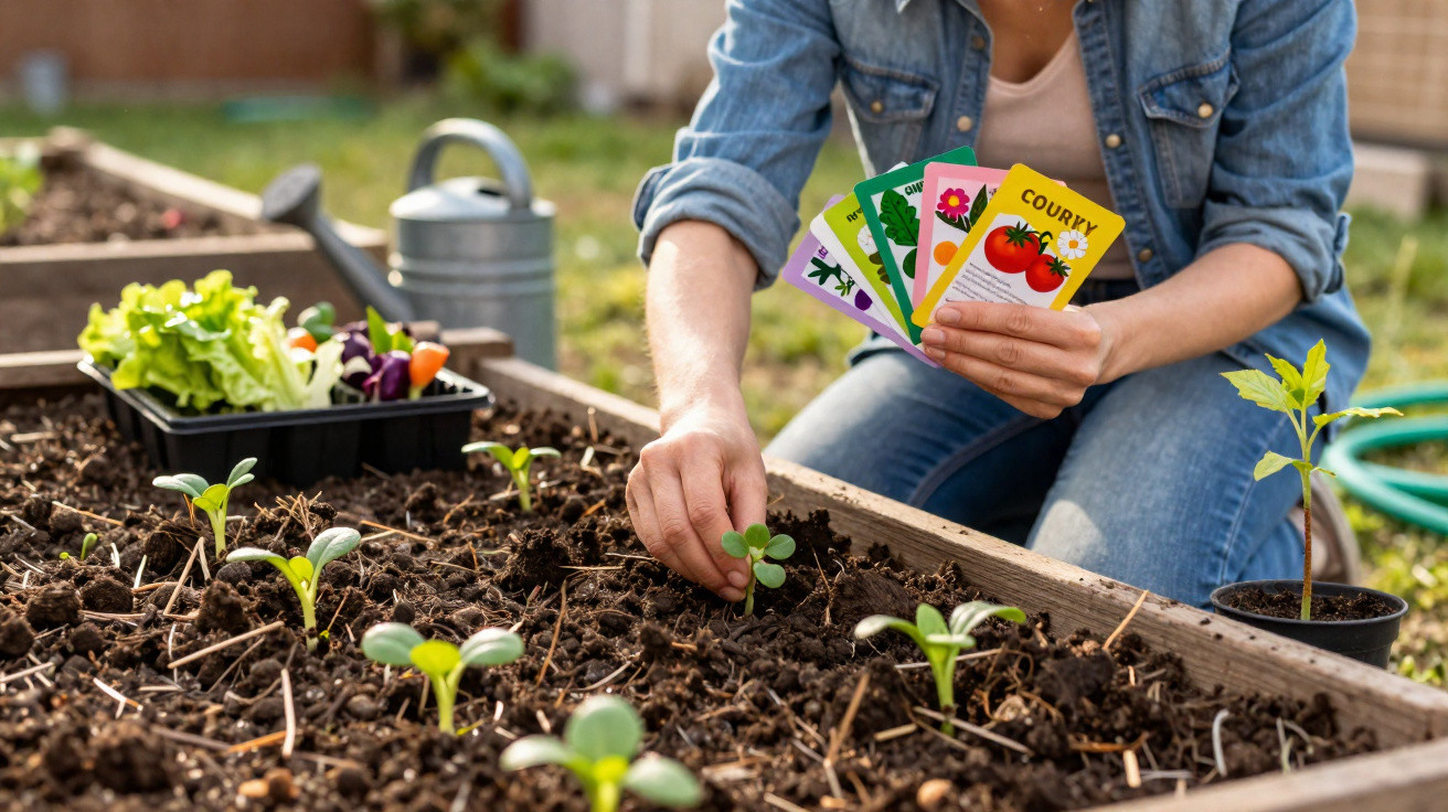 Person planting seedlings in garden bed while holding various seed packets outdoors.