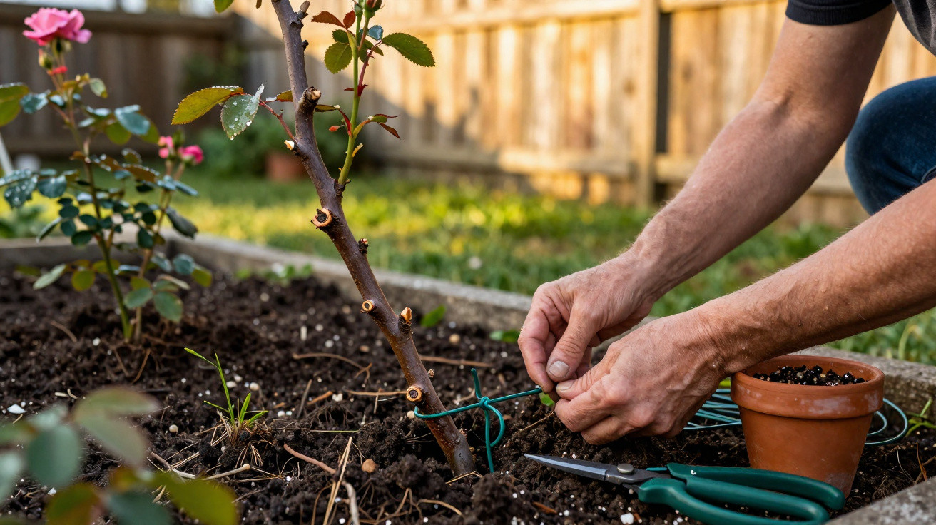 Hands securing a young rose plant with garden wire in a flowerbed beside pruning shears and a terracotta pot.