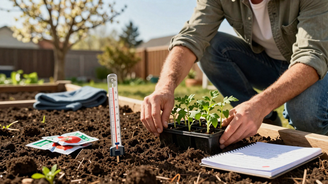 Person planting seedlings in garden soil with soil thermometer, seed packets, and notebook nearby.