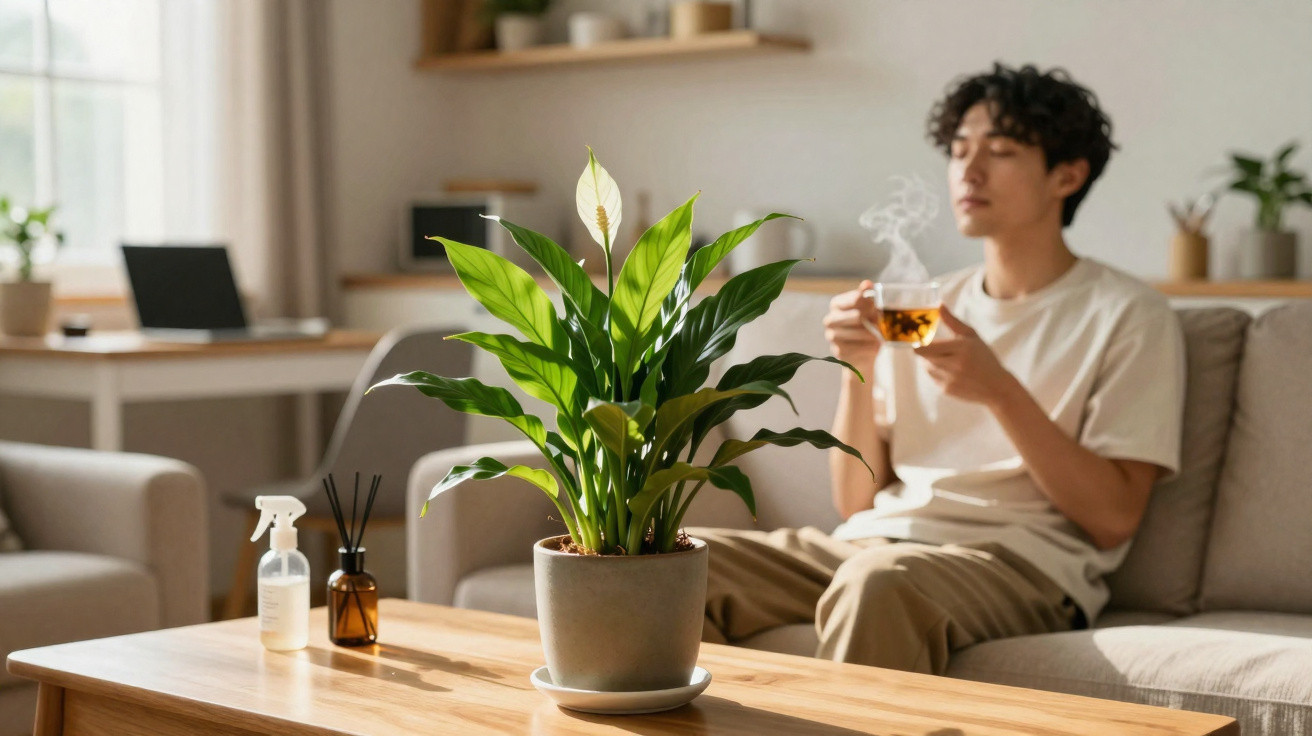 Person relaxing on a sofa holding a steaming cup with a potted plant and diffuser on a wooden table nearby.
