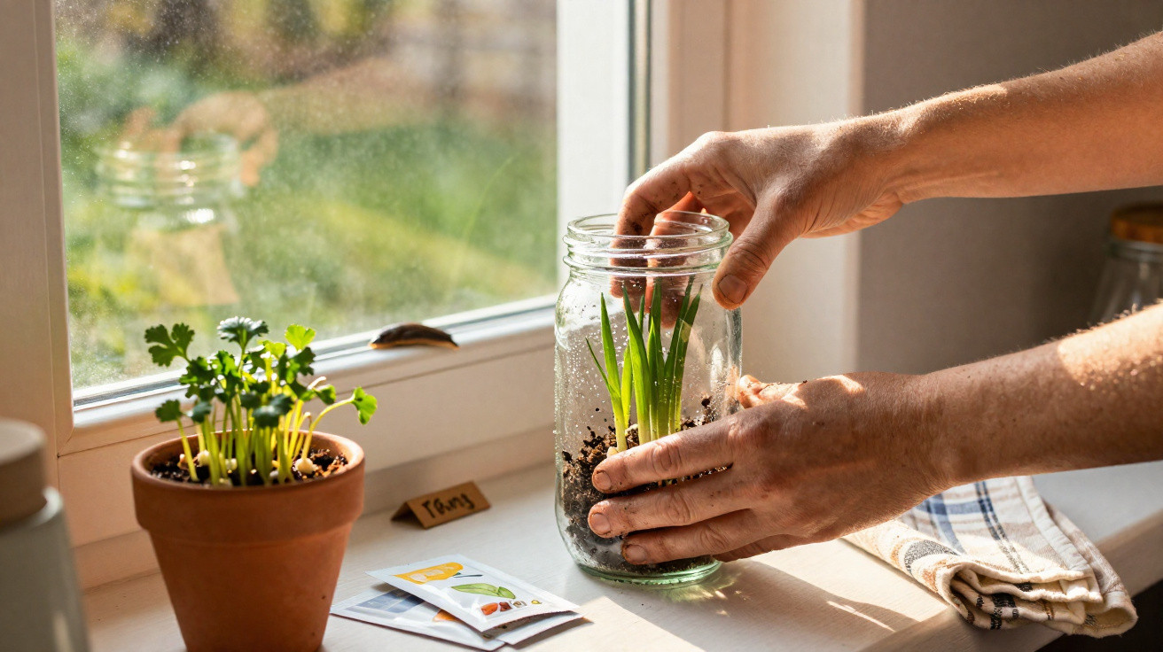 Person planting green seedlings in a glass jar on a sunny windowsill with a potted plant nearby.