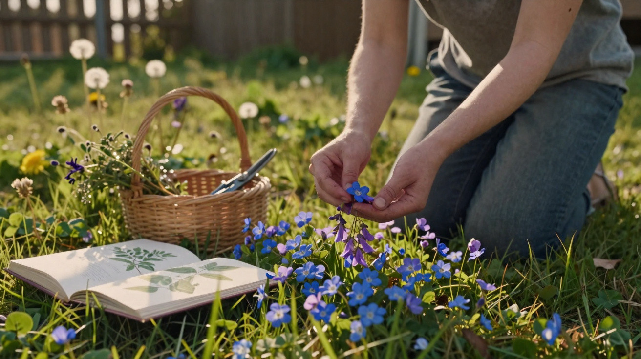 Person kneeling in a garden picking blue flowers near a wicker basket and an open botanical book on the grass.