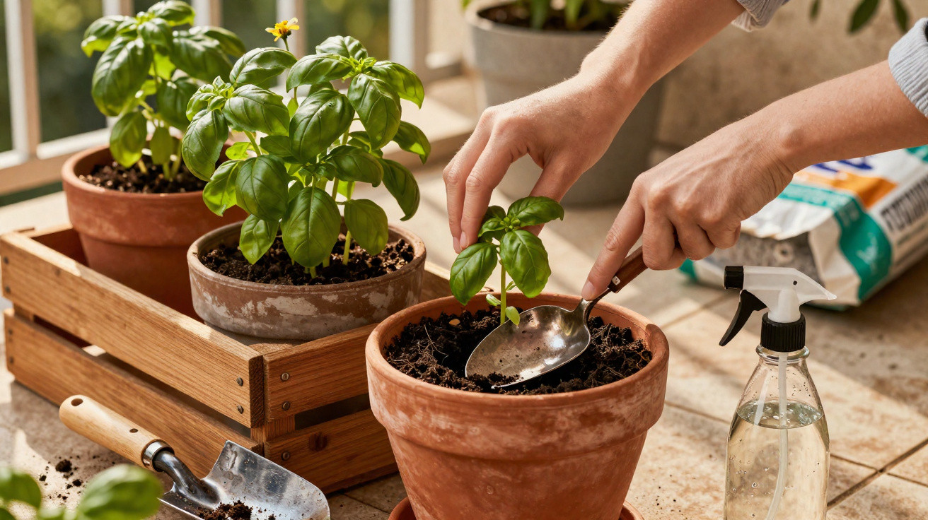 Hands planting basil seedlings in terracotta pots with gardening tools on a sunny windowsill.