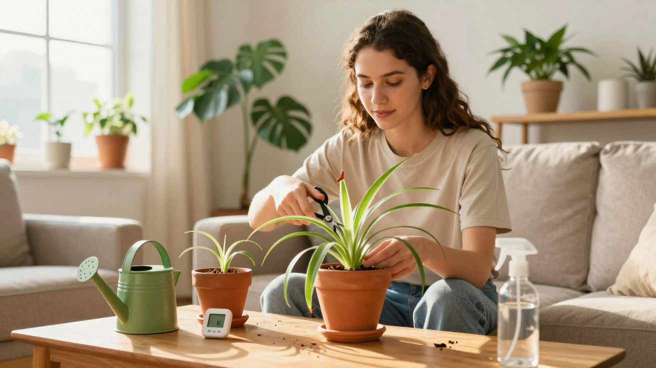 Young woman trimming a potted plant with scissors in a sunlit living room.