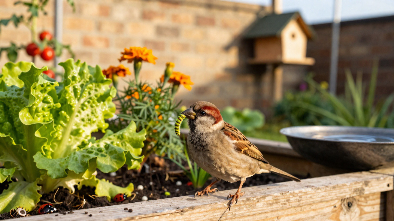 Sparrow holding a green caterpillar perched on the edge of a wooden garden planter with lettuce and flowers.