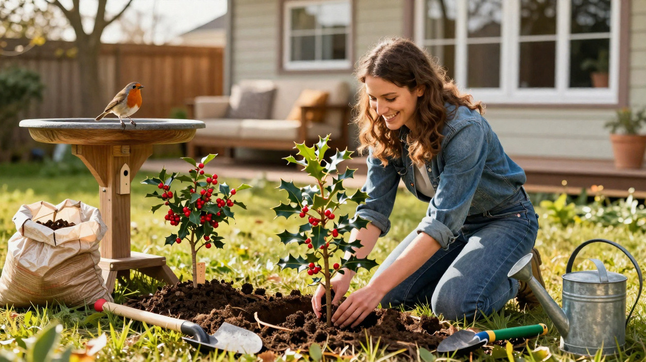 Woman planting holly bushes in garden with robin bird on bird table and gardening tools nearby.
