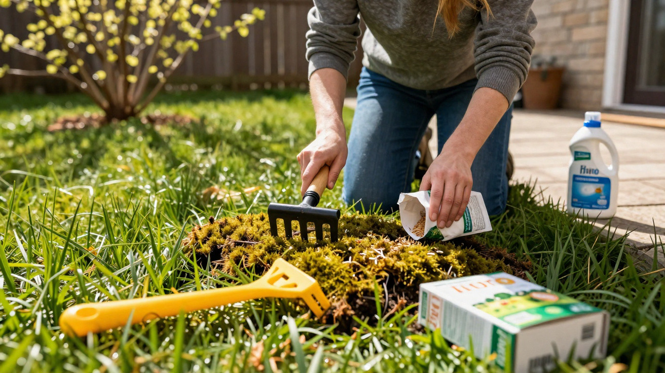 Person removing moss from lawn using a rake and moss control products on a sunny day.