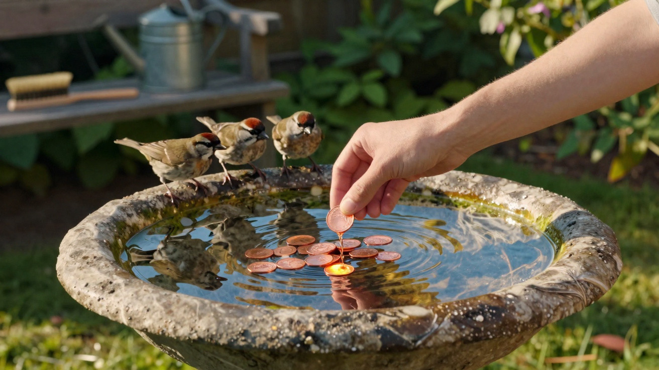 Hand placing a coin into a stone birdbath with three small birds perched on the edge in a garden.