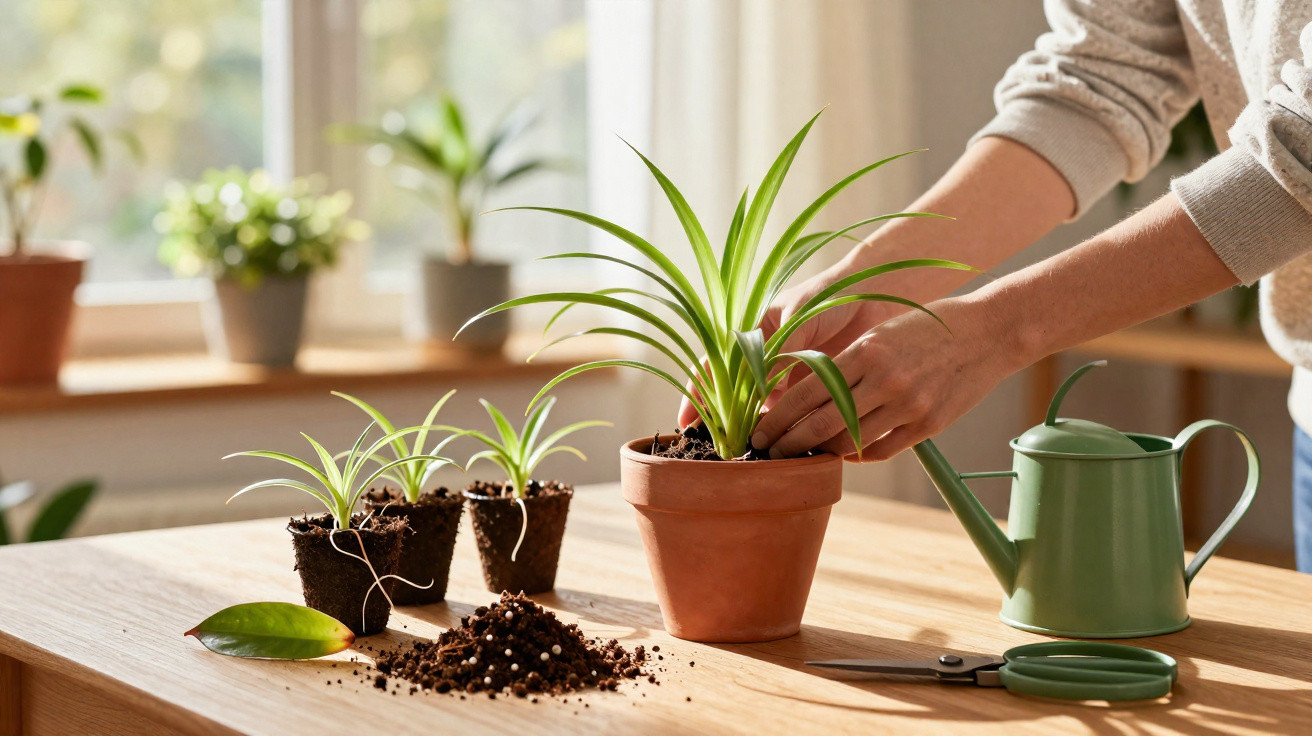 Person repotting a green houseplant on a wooden table with gardening tools and soil indoors.
