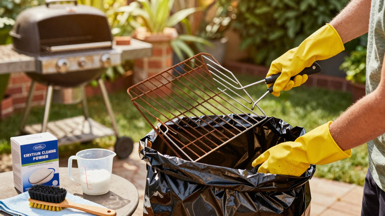 Person wearing yellow gloves discarding a rusty barbecue grill rack into a black bin outdoors.