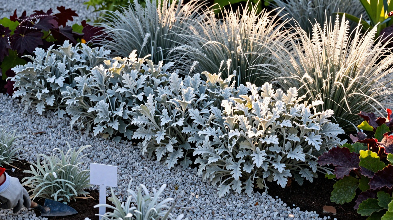 Ornamental garden bed with silver dusty miller plants, decorative grasses, and small white gravel paths.