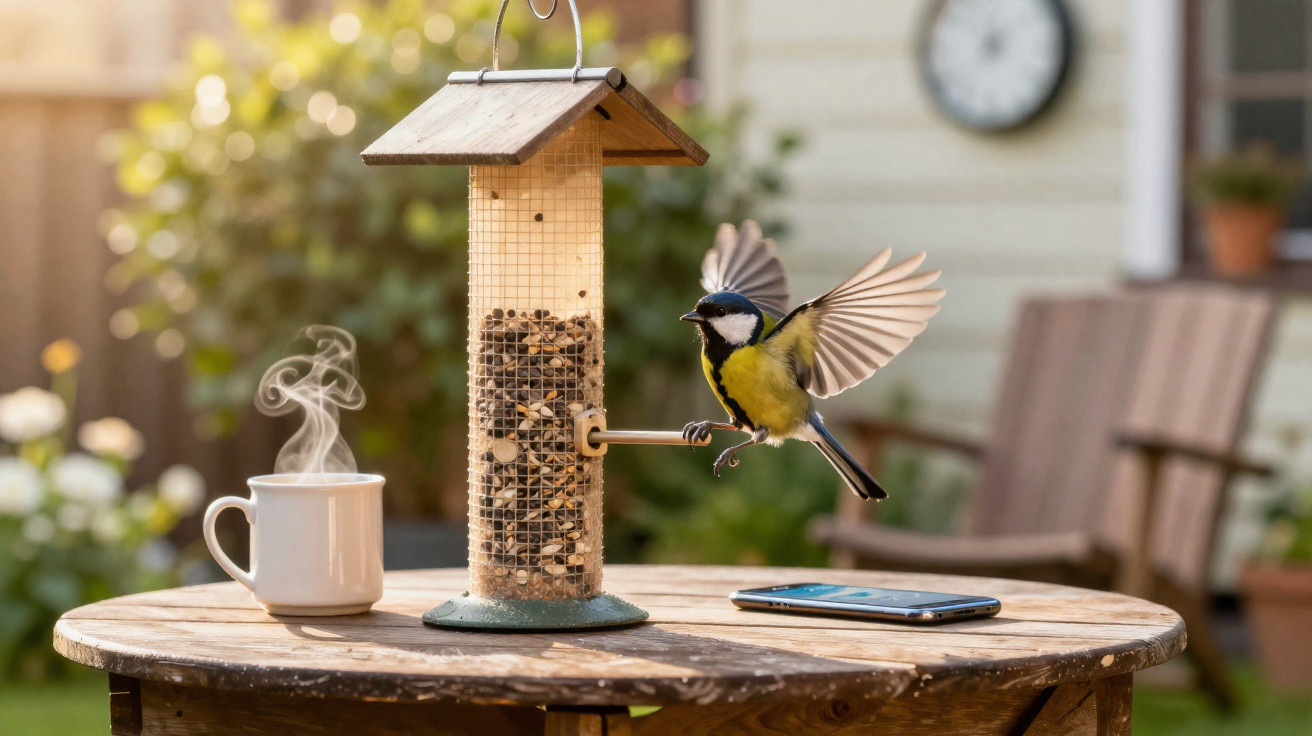 Great tit bird landing on a bird feeder on a wooden table with a steaming mug and smartphone nearby outdoors