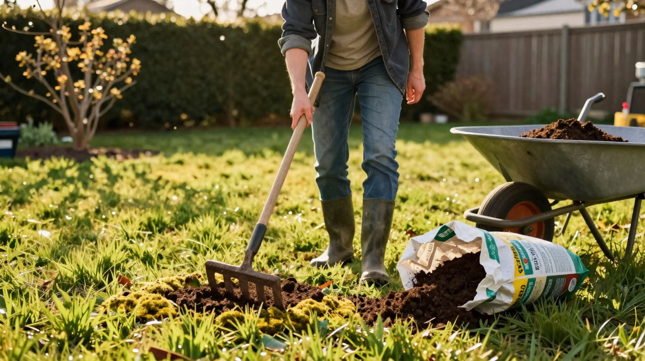Person wearing boots and jeans gardening with a rake, spreading soil from a bag next to a wheelbarrow.