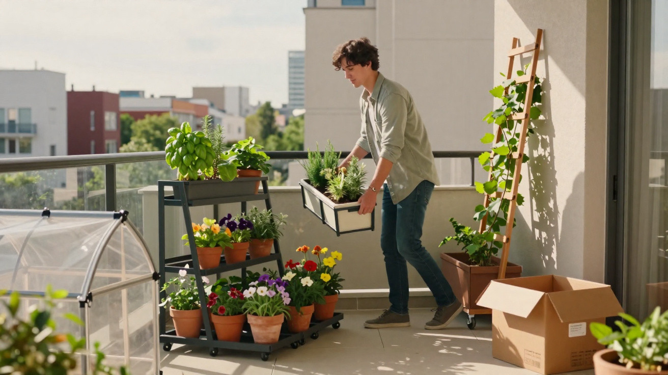 Young man arranging potted plants on a sunny city balcony with a plant stand and climbing frame nearby.