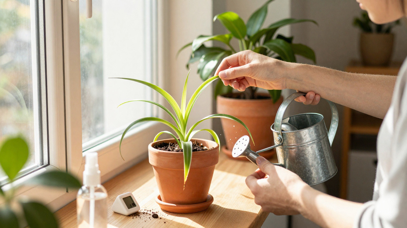 Person watering a spider plant in a terracotta pot on a sunny windowsill with other houseplants nearby.