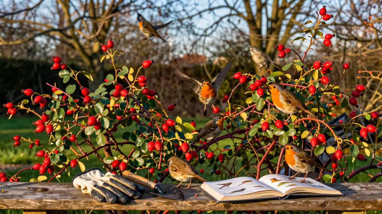 Robins perched on vibrant red rosehip branches with gardening gloves, trowel, and open bird guide on wooden bench.