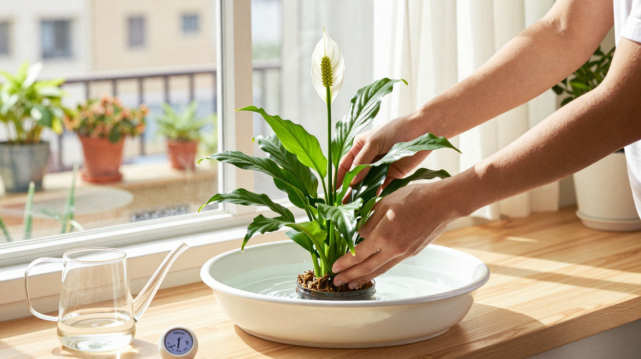 Person repotting a peace lily plant in a white bowl on a wooden windowsill with a watering can nearby.
