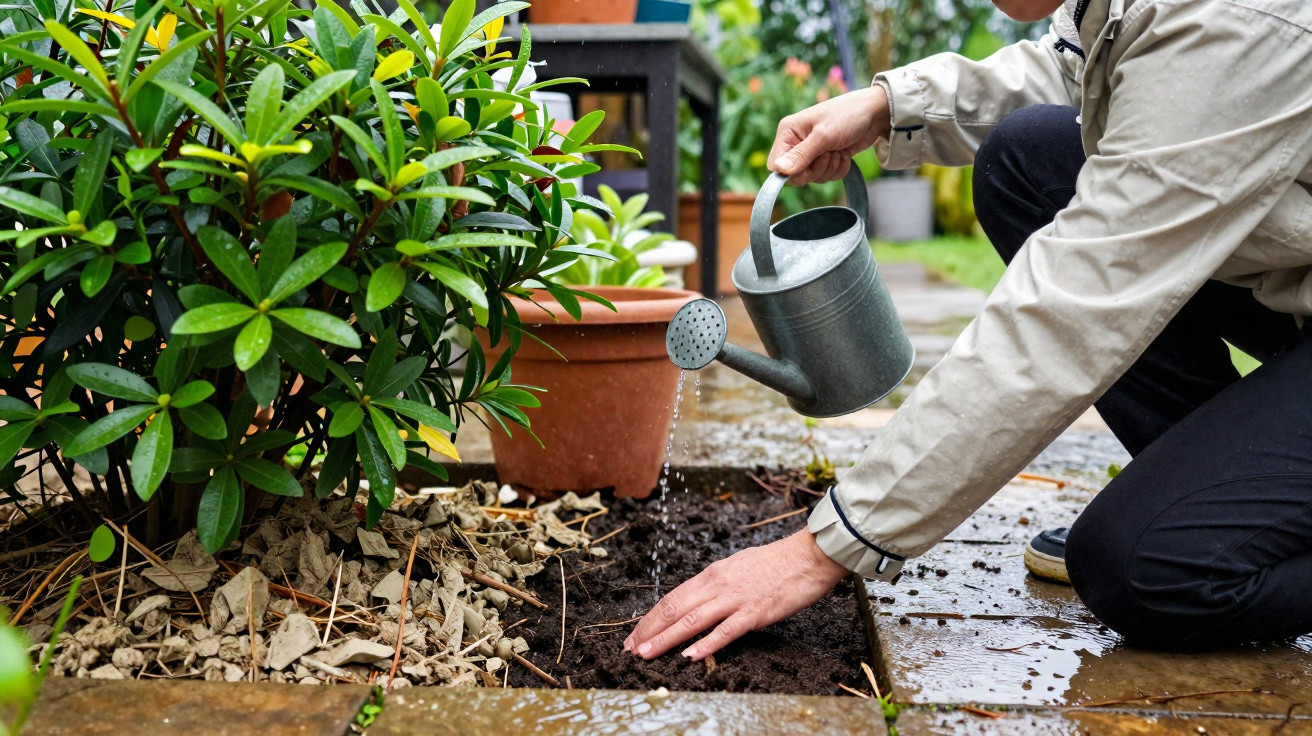 Person kneeling in garden, watering soil with a metal watering can beside green plants and pots.
