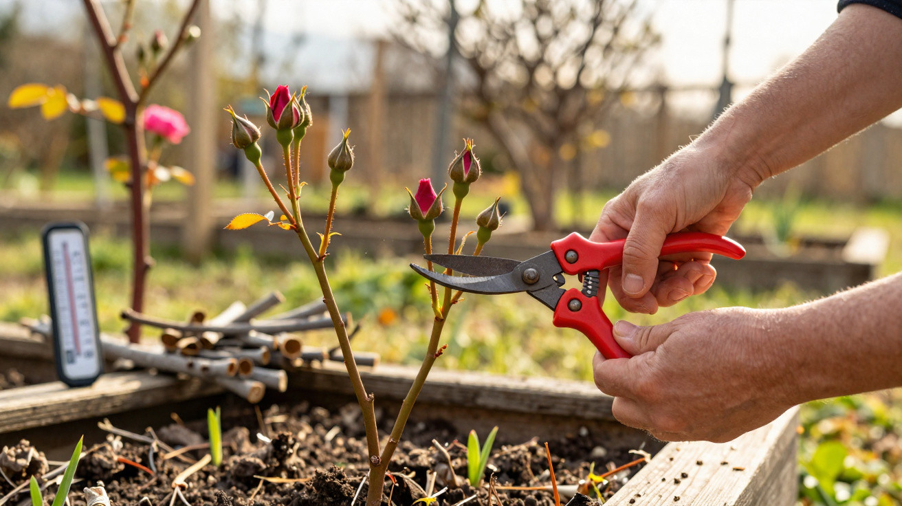 Person pruning rose buds with red garden shears in a raised garden bed outdoors.