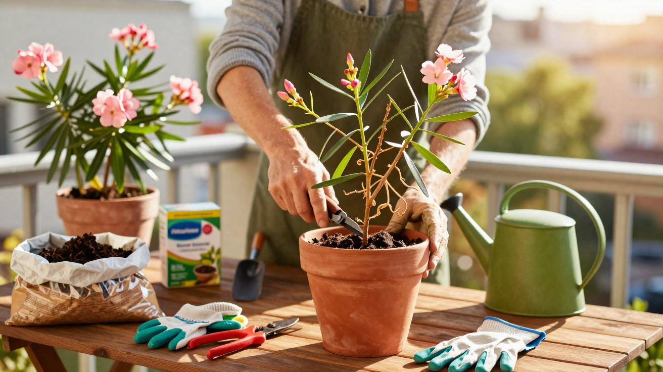 Person wearing an apron planting a flowering plant in a terracotta pot on a wooden table outdoors.