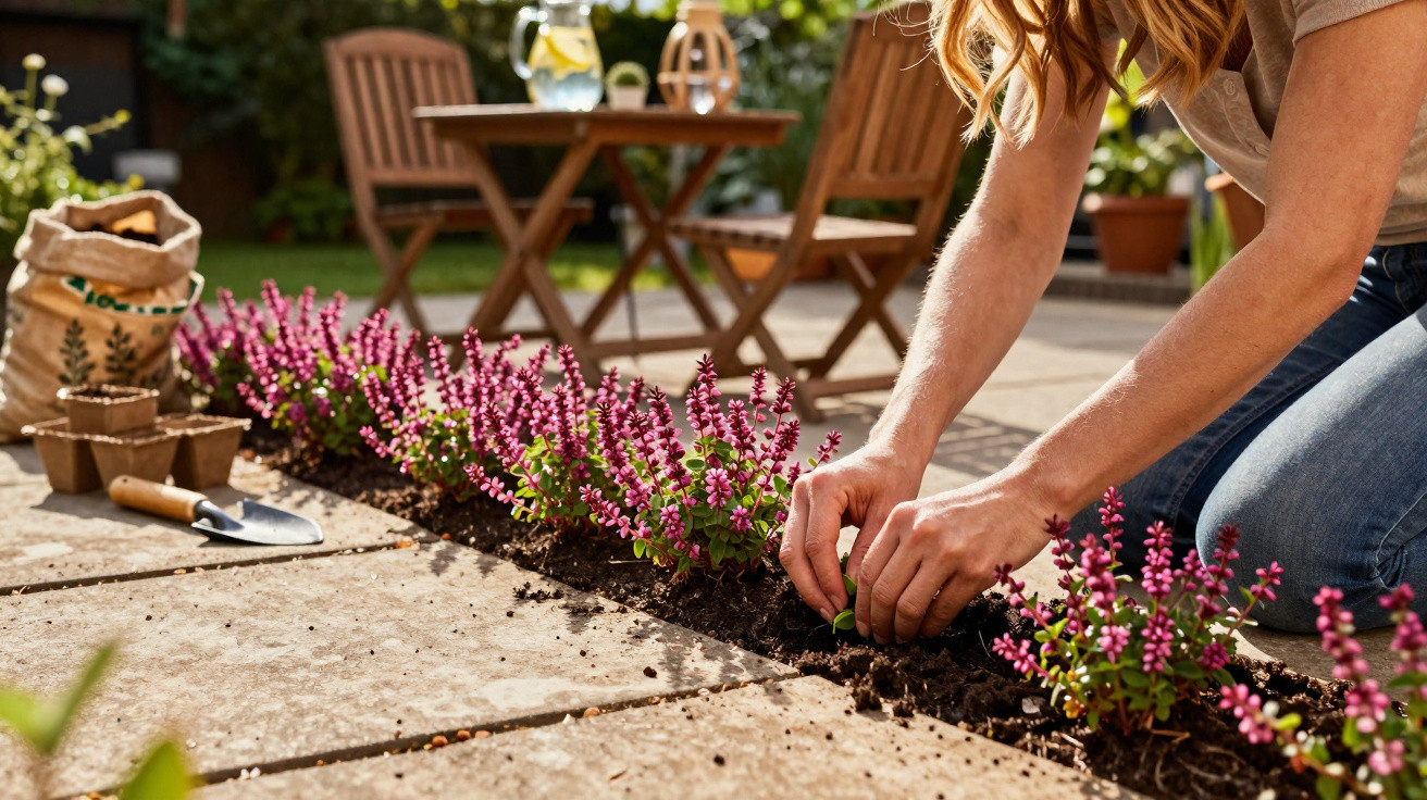 Person planting small purple flowers in garden bed beside stone patio on sunny day.