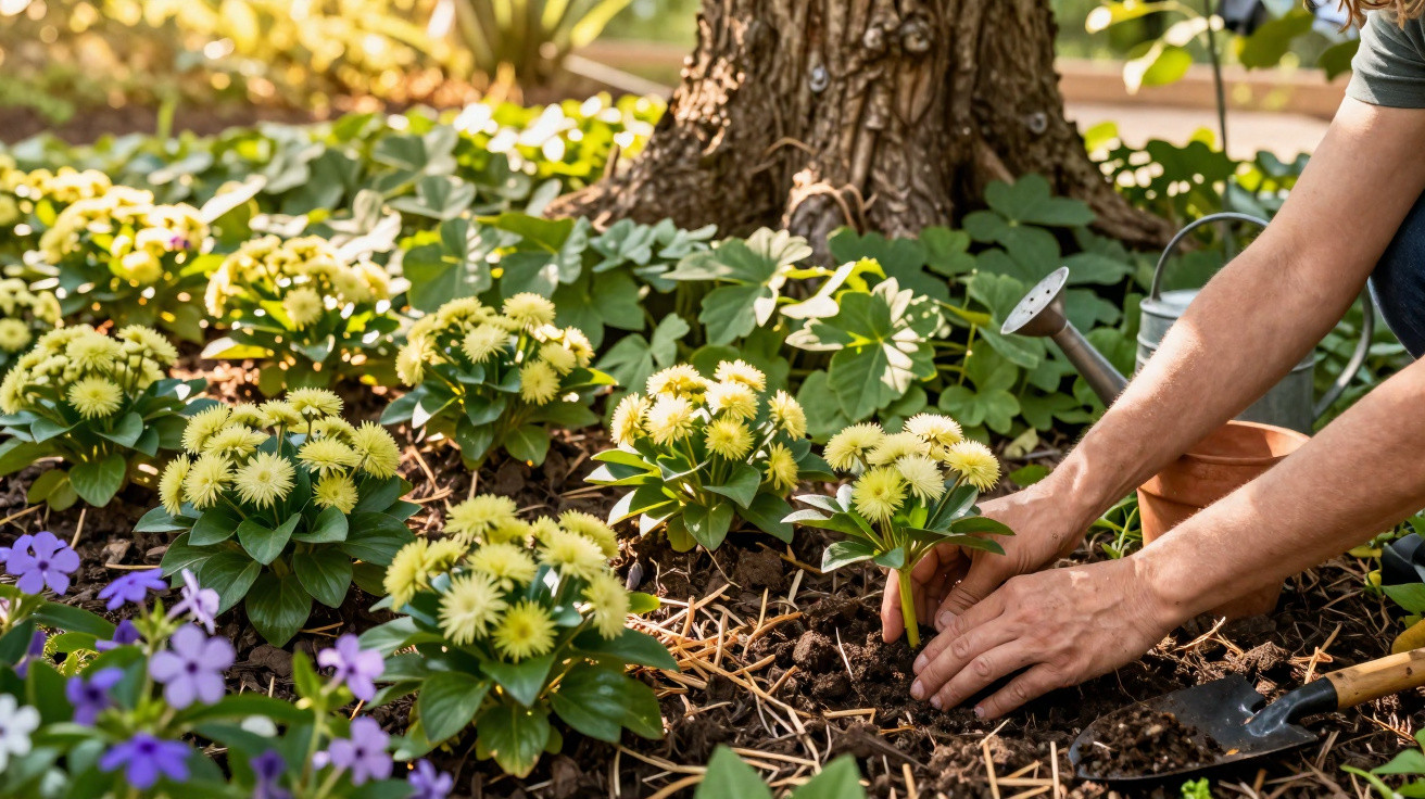 Person planting yellow flowers in a garden bed near a tree with a watering can and trowel nearby.