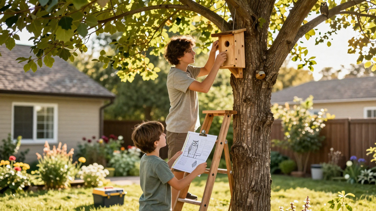 Two boys installing a wooden birdhouse on a tree in a sunny garden with flowers and houses in the background.
