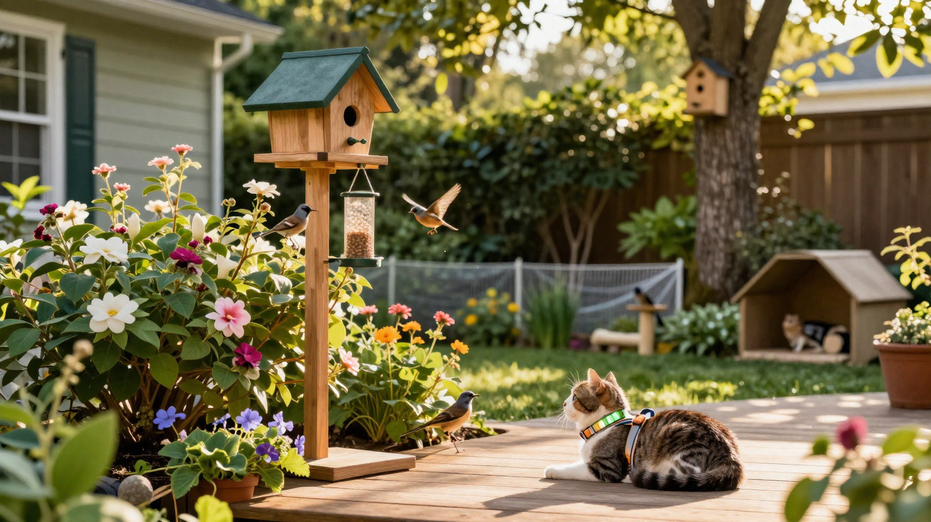 Cat with a collar watching birds at a wooden bird feeder surrounded by colourful flowers in a sunny garden.
