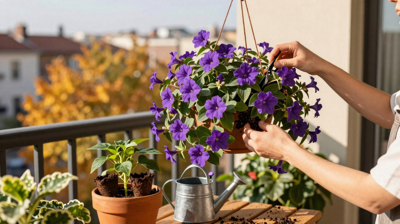 Person caring for purple flowers in a hanging pot on a sunlit balcony garden.