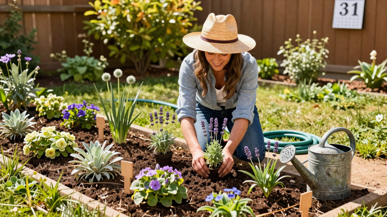 Woman in a straw hat planting flowers in a garden bed on a sunny day with watering can nearby.
