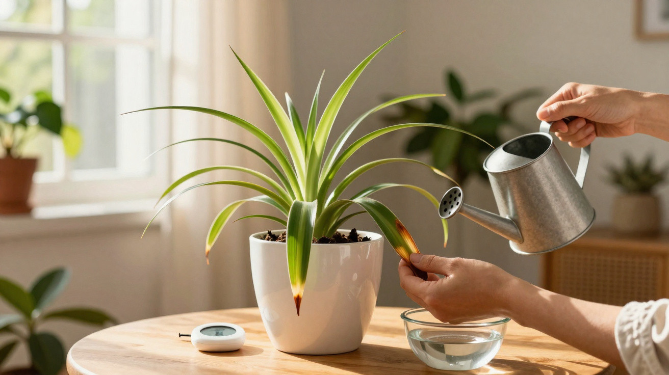 Hands watering a potted spider plant with a metal watering can on a wooden table by a window.
