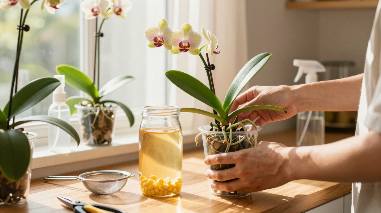Hands repotting a blooming orchid next to a jar with yellow tablets and gardening tools on a wooden table.