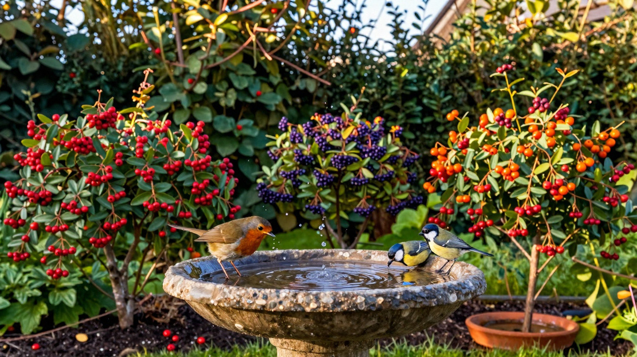 Three small birds perched on a stone birdbath surrounded by berry-laden bushes in a garden.