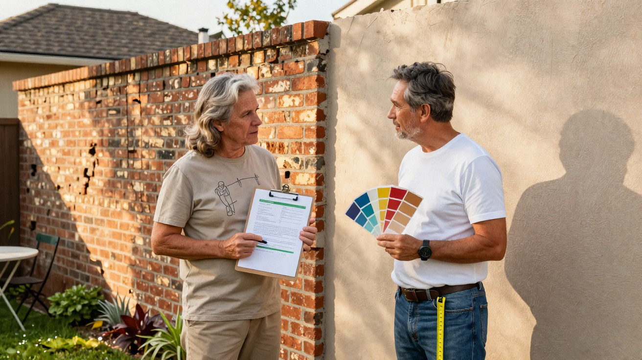 Two men discuss paint colour choices outdoors by a brick wall, one holding a clipboard, the other a colour swatch fan.