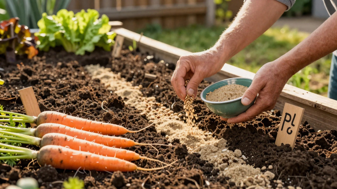 Hands sowing carrot seeds in a garden bed with harvested carrots and labelled soil rows in sunlight.