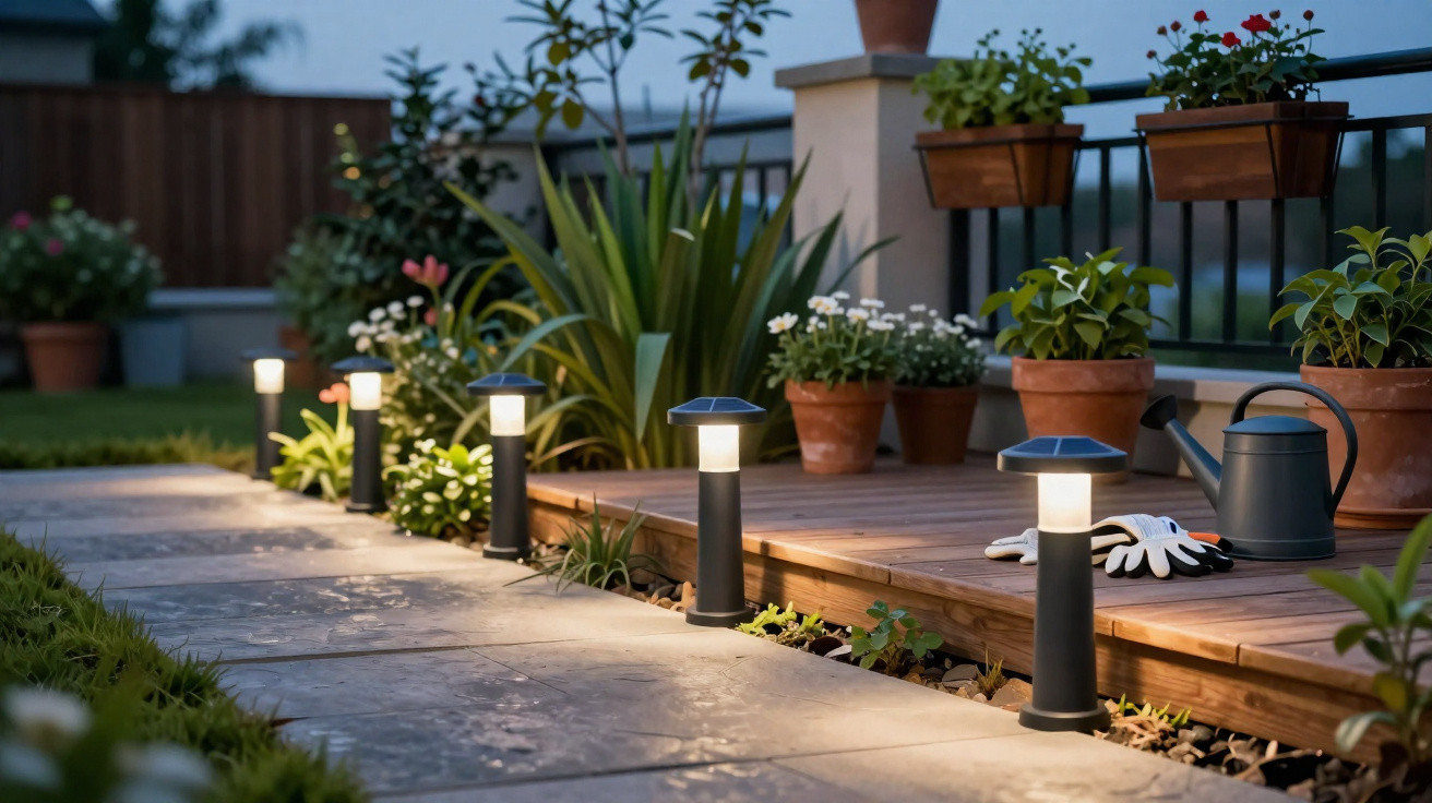 Garden pathway with solar lights, potted plants on a wooden deck, a watering can, and gardening gloves at dusk.