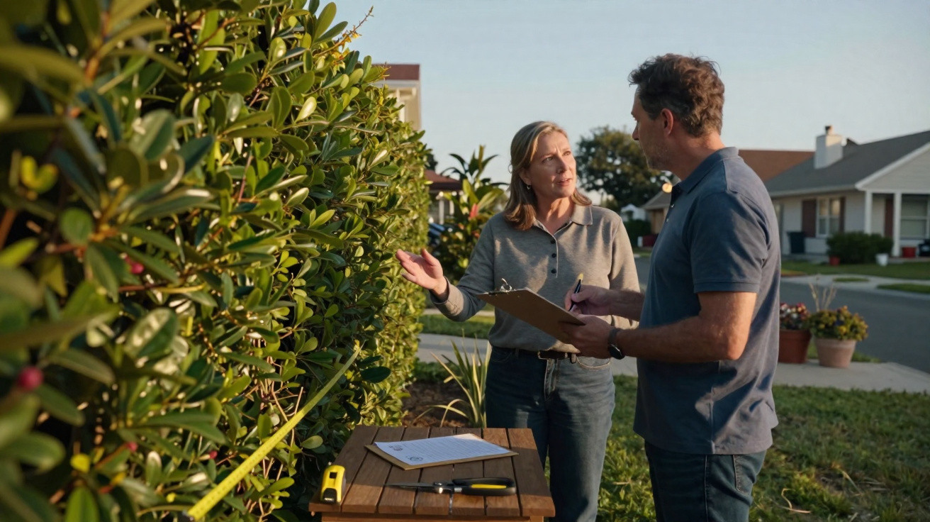 Two people discussing with clipboards by a hedge in a residential neighbourhood at sunset.