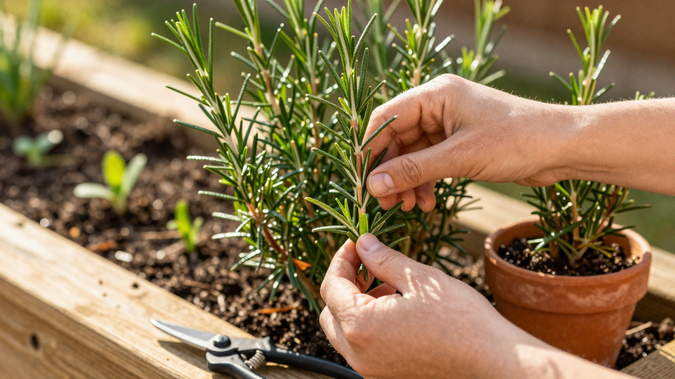 Hands tending to a rosemary plant in a wooden garden bed with pruning shears nearby on a sunny day.