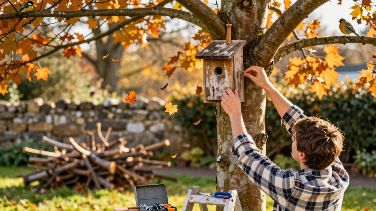 Person fixing a wooden birdhouse on an autumn tree with falling orange leaves in a garden.