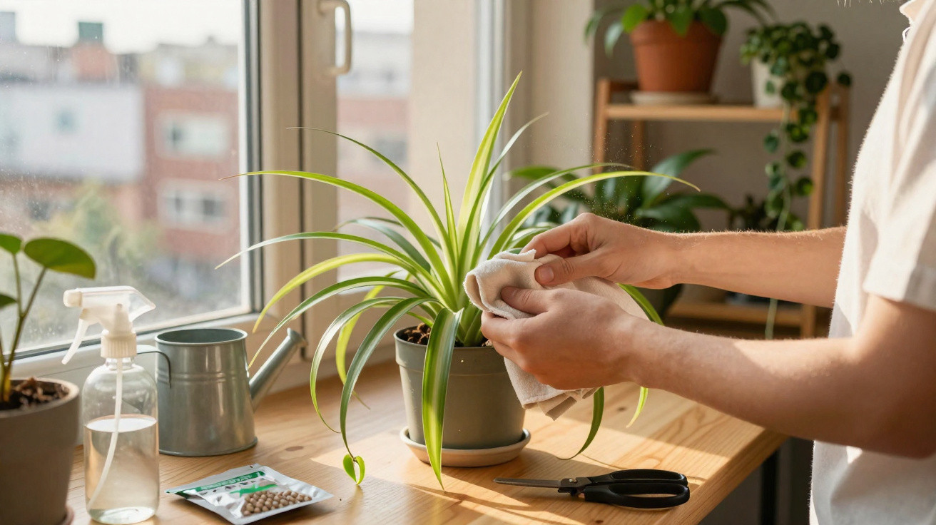 Person cleaning leaves of a spider plant on a wooden table by the window with gardening tools nearby