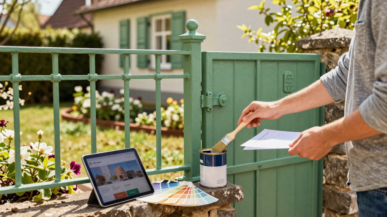 Person holding a paintbrush and colour swatches, painting a green garden gate with a tablet nearby showing a website.