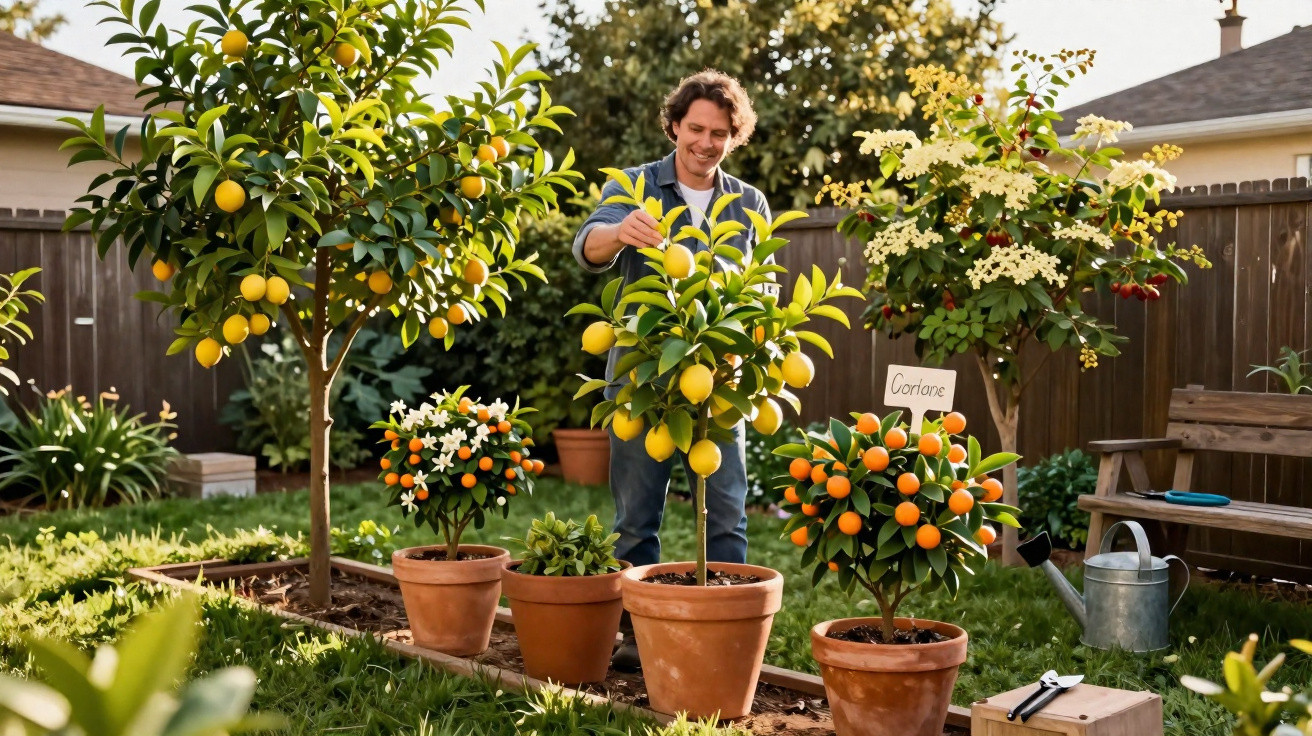 Man tending to lemon and orange trees in pots in a sunny garden with wooden fence background