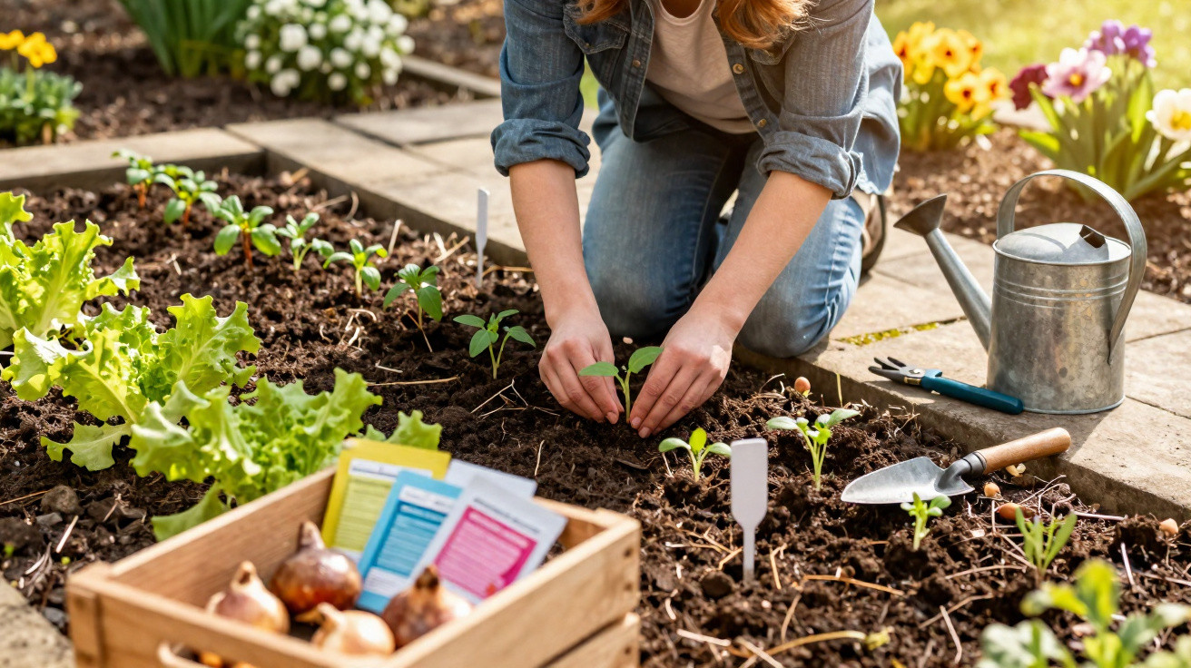 Person planting seedlings in a garden bed with gardening tools and seed packets nearby.