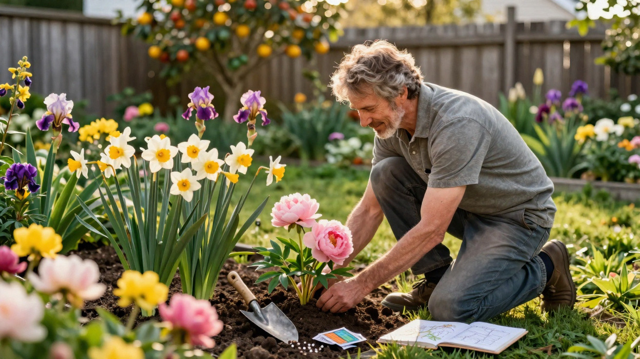 Older man planting pink flowers in a colourful garden bed with gardening tools and a planting guide nearby.