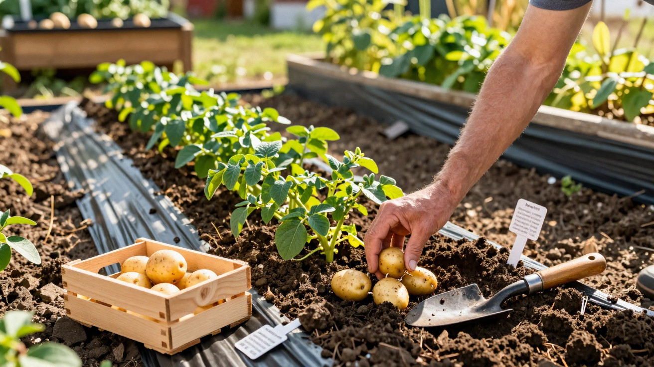 Hand harvesting potatoes from soil in a garden bed with a wooden crate and gardening trowel nearby.