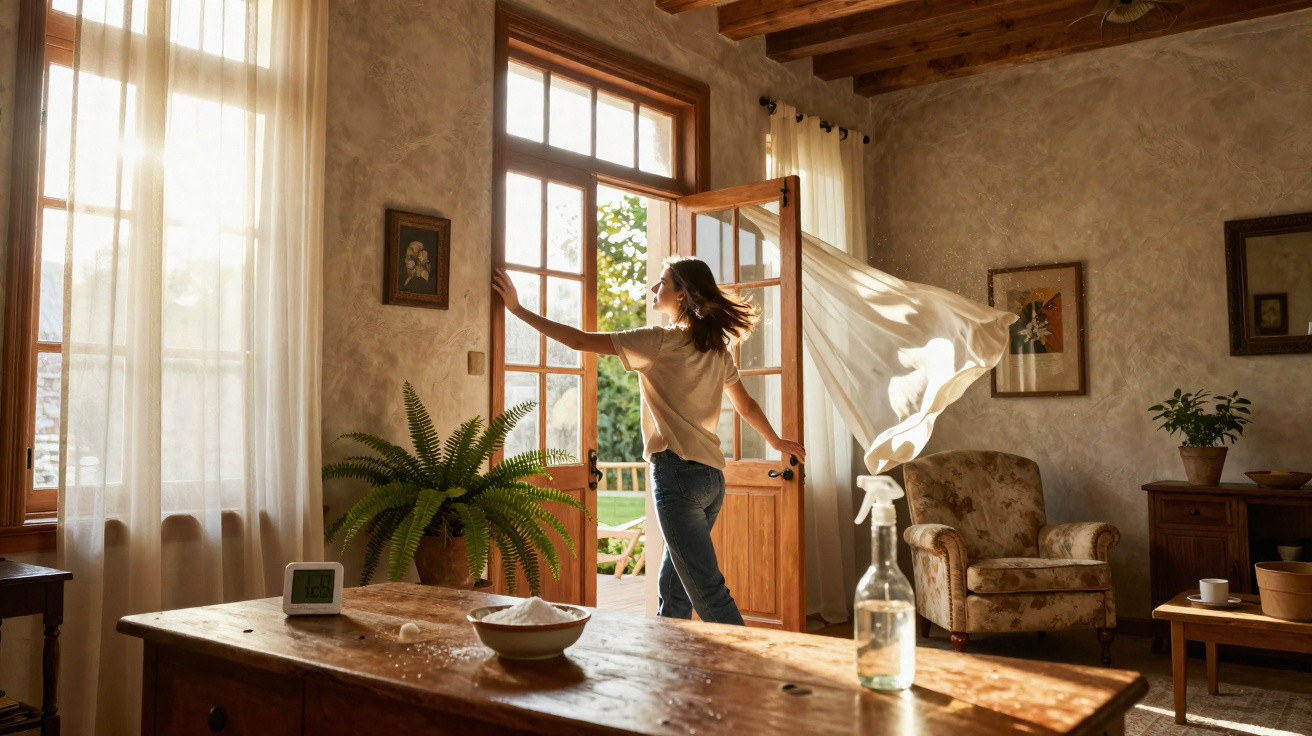 Woman opening a wooden door with a flowing curtain in a sunlit rustic living room with plants and furniture.