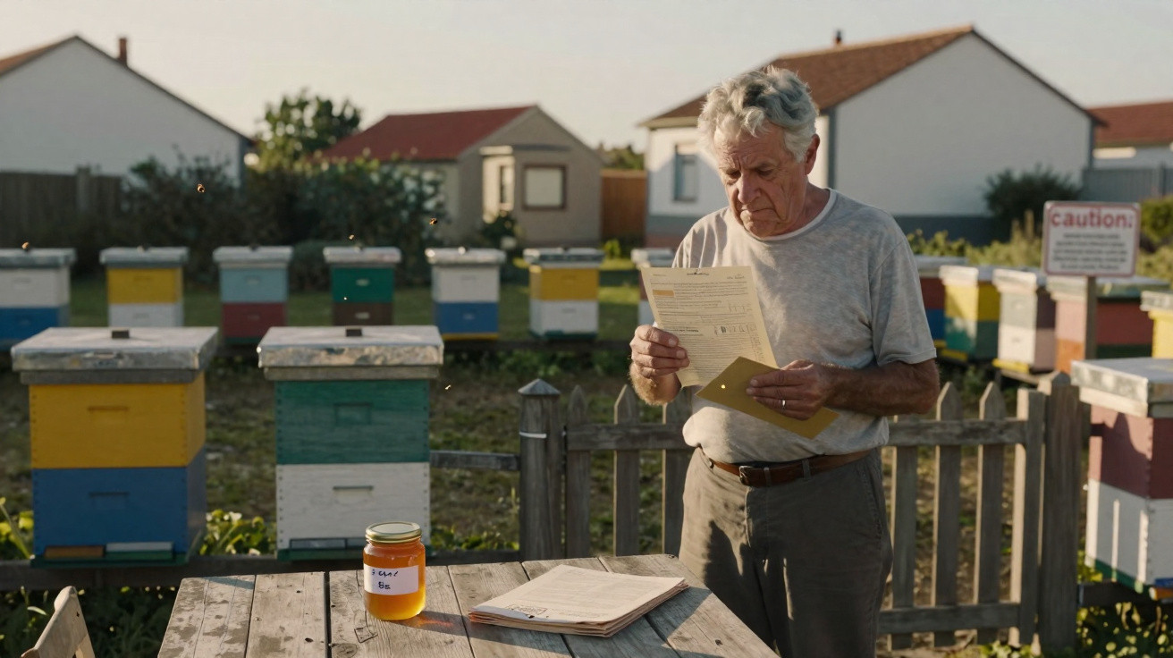 Elderly man examining paperwork beside a beehive apiary and jar of honey on a wooden table outdoors.