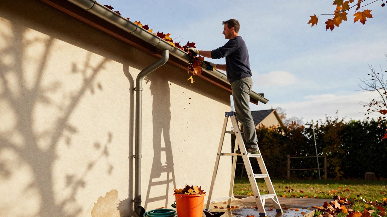 Man standing on a ladder cleaning autumn leaves from a house gutter on a sunny day.